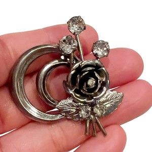 Vtg Art Deco Style Rose Brooch Pin Silvertone with Rhinestones